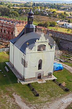 Aerial view of Saint Nicholas Church in Medzhybizh castle. Fortress built as a bulwark against Ottoman expansion in the 1540s. photo