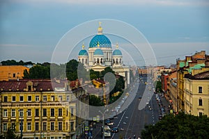 Aerial view of Saint-Petersburg roofs and Holy Trinity Izmailovo Cathedral. Russia