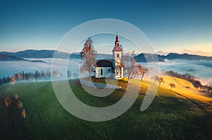 Aerial view of Saint Tomas church, Slovenia