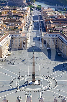 Aerial view on Sait Peter`s Square and Egyptian obelisk from dome of Saint Peter`s Basilica, Vatican, Rome, Italy