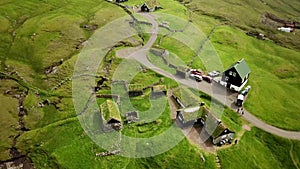 Aerial view of Saksun village, Faroe Islands. Amazing Faroese nature
