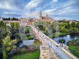 Aerial view of Salamanca with the cathedral and the roman bridge