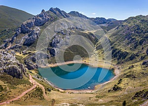 Aerial View of Saliencia Lake at Somiedo National Park photo