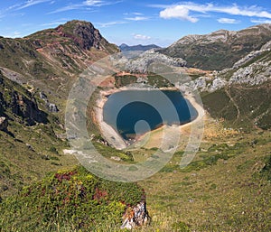 Aerial View of Saliencia Lake at Somiedo National Park, Asturias photo