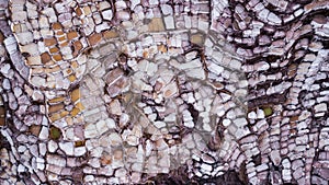 Aerial view of salt evaporation ponds at salt mine in Maras, Peru.