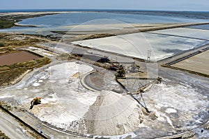 Aerial view of salt evaporation ponds and salt mounds