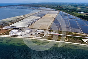 Aerial view of salt evaporation ponds and salt mounds