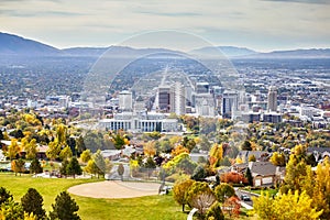 Aerial view of the Salt Lake City downtown in autumn.