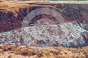 Aerial view on the salt mines in Maras valley near the Cusco