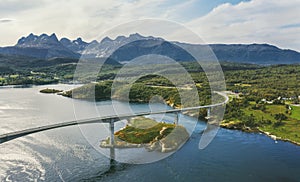 Aerial view Saltstraumen bridge road in Norway landscape