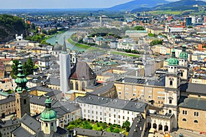 Aerial view of Salzburg City and Salzach River, Austria