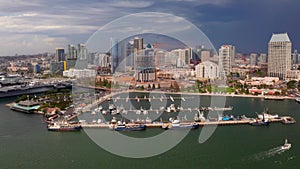 Aerial view of the San Diego skyline and the USS Midway Museum.