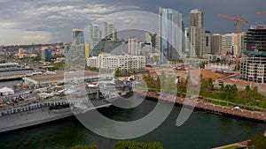 Aerial view of the San Diego skyline and the USS Midway Museum.