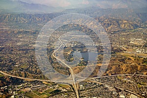 Aerial view of San Dimas and Puddingstone Reservoir, view from w photo