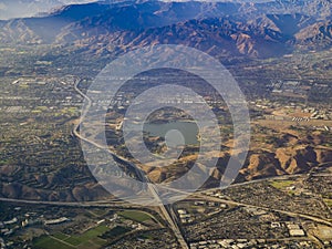 Aerial view of San Dimas and Puddingstone Reservoir, view from w photo