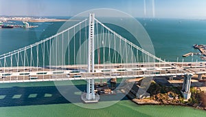 Aerial view of San Francisco Bay Bridge from helicopter