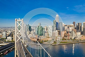 Aerial view of the San Francisco, California, skyline at sunrise. Ample copy space in blue sky.