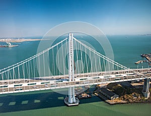 Aerial view of San Francisco-Oakland Bay Bridge from helicopter, CA