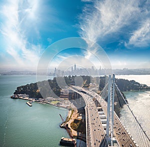 Aerial view of San Francisco-Oakland Bay Bridge from helicopter, CA