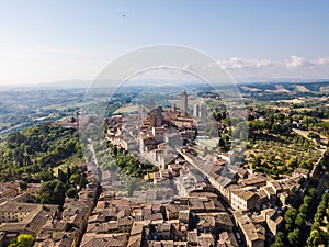 Aerial view of San Gimignano skyline, a medieval town with ancient towers in Tuscany, Italy