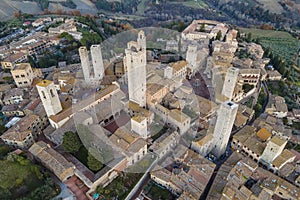 Aerial view of San Gimignano, a small old town with medieval tower at sunset, Siena, Tuscany, Italy