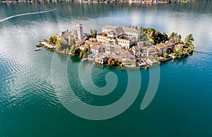 Aerial View of San Giulio island located on the Lake Orta, Italy