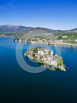 Aerial view of San Giulio Island and the village of Orta San Giulio.