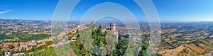 Aerial view of San Marino dominated by Torre Guaita and Torre Ce