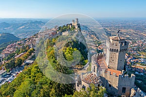 Aerial view of San Marino dominated by Torre Guaita and Torre Ce