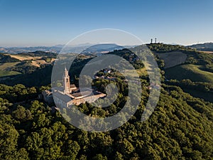 Aerial view of the sanctuary of Beato Sante in Mombaroccio on the hills of Pesaro Marche, Italy