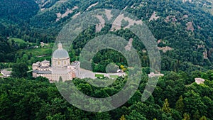 Aerial view of The Sanctuary of Oropa in tj Italian Alps.