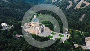 Aerial view of The Sanctuary of Oropa in tj Italian Alps.