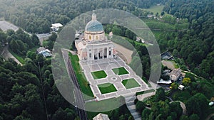 Aerial view of The Sanctuary of Oropa in tj Italian Alps.