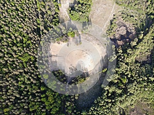 Aerial view of the sand pit in Jagen 86, a nature reserve with a size of about 13 hectares in Berlin`s Grunewald forest