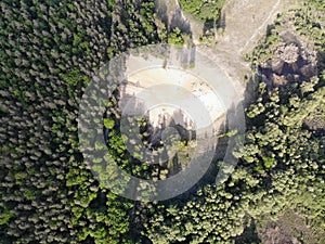 Aerial view of the sand pit in Jagen 86, a nature reserve with a size of about 13 hectares in Berlin`s Grunewald forest.