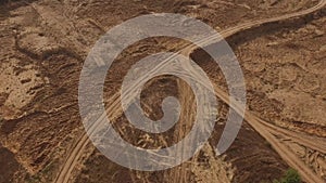 Aerial view of the sand tracks in the desert. Desert trip.