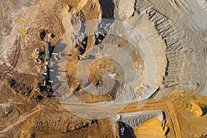 Aerial view of sandpit and factory plant producing sand materials for construction industry. Top view of industrial place. Photo