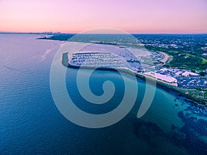 Aerial view of Sandringham Yacht club and marina at sunset. Melbourne, Victoria, Australia.