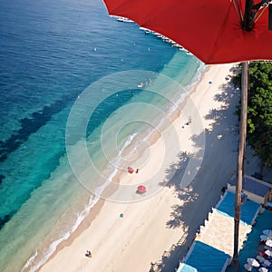 Aerial view of sandy beach with colorful umbrellas, swimming people in sea bay with transparent blue water