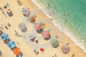 Aerial view of sandy beach with colorful umbrellas, swimming people in sea bay with transparent blue water in summer