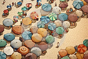 Aerial view of sandy beach with colorful umbrellas, swimming people in sea bay with transparent blue water in summer