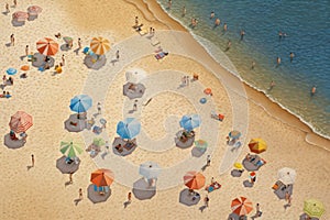 Aerial view of sandy beach with colorful umbrellas, swimming people in sea bay with transparent blue water in summer
