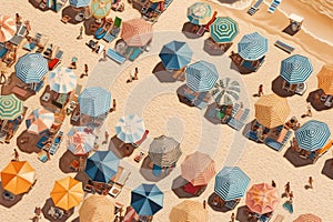 Aerial view of sandy beach with colorful umbrellas, swimming people in sea bay with transparent blue water in summer