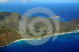 Aerial view of Sandy Beach and Koolua mountains on the south eas