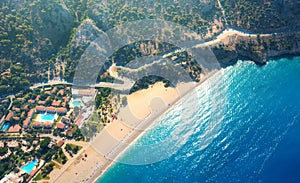 Aerial view of sandy beach in Oludeniz, Turkey. Summer landscape