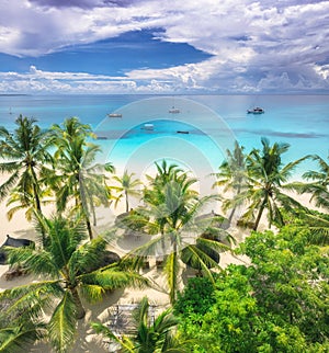 Aerial view of sandy beach with palm trees, umbrellas, boats, sea