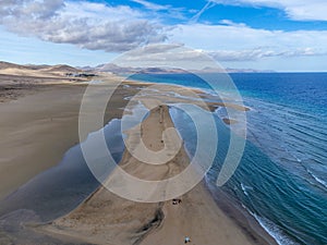 Aerial view on sandy dunes and turquoise water of Sotavento beach, Costa Calma, Fuerteventura, Canary islands, Spain in winter