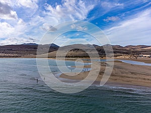 Aerial view on sandy dunes and turquoise water of Sotavento beach, Costa Calma, Fuerteventura, Canary islands, Spain in winter