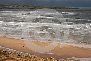 Aerial view on sandy stretch of sandy Strandhill beach in county Sligo,