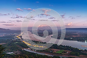 Aerial view of Sangkhom District along the Mekong River. View from the Skywalk observation deck Wat Pha Tak Suea in the early